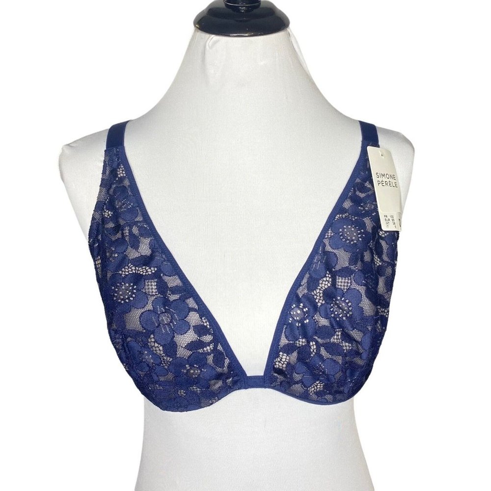 Simone Perele Bra 36D Marguerite Navy Night Blue Underwired Triangle Bra Floral - Picture 4 of 11
